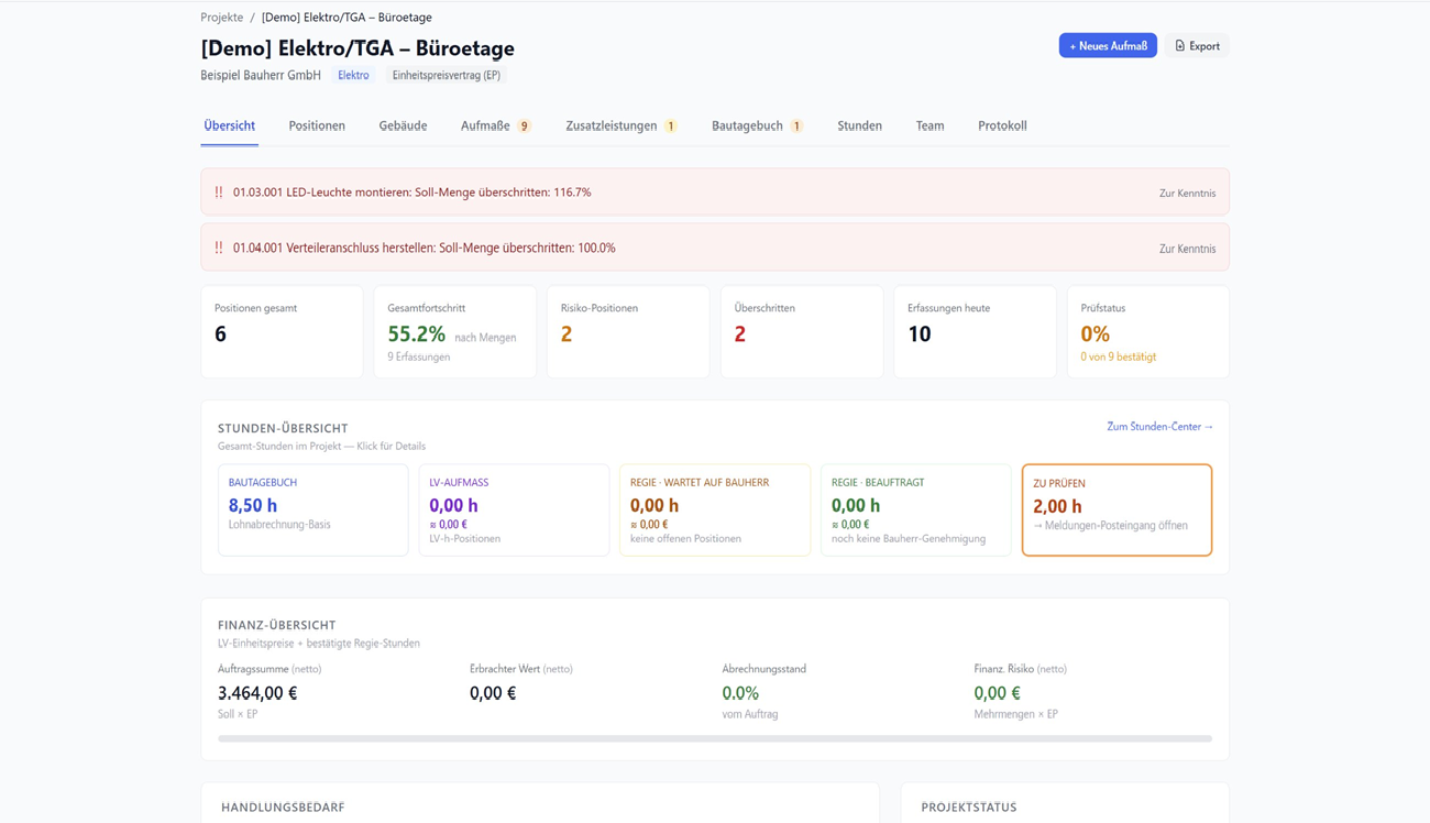 Projekt-Dashboard mit Fortschritt, Risiken und Finanzen